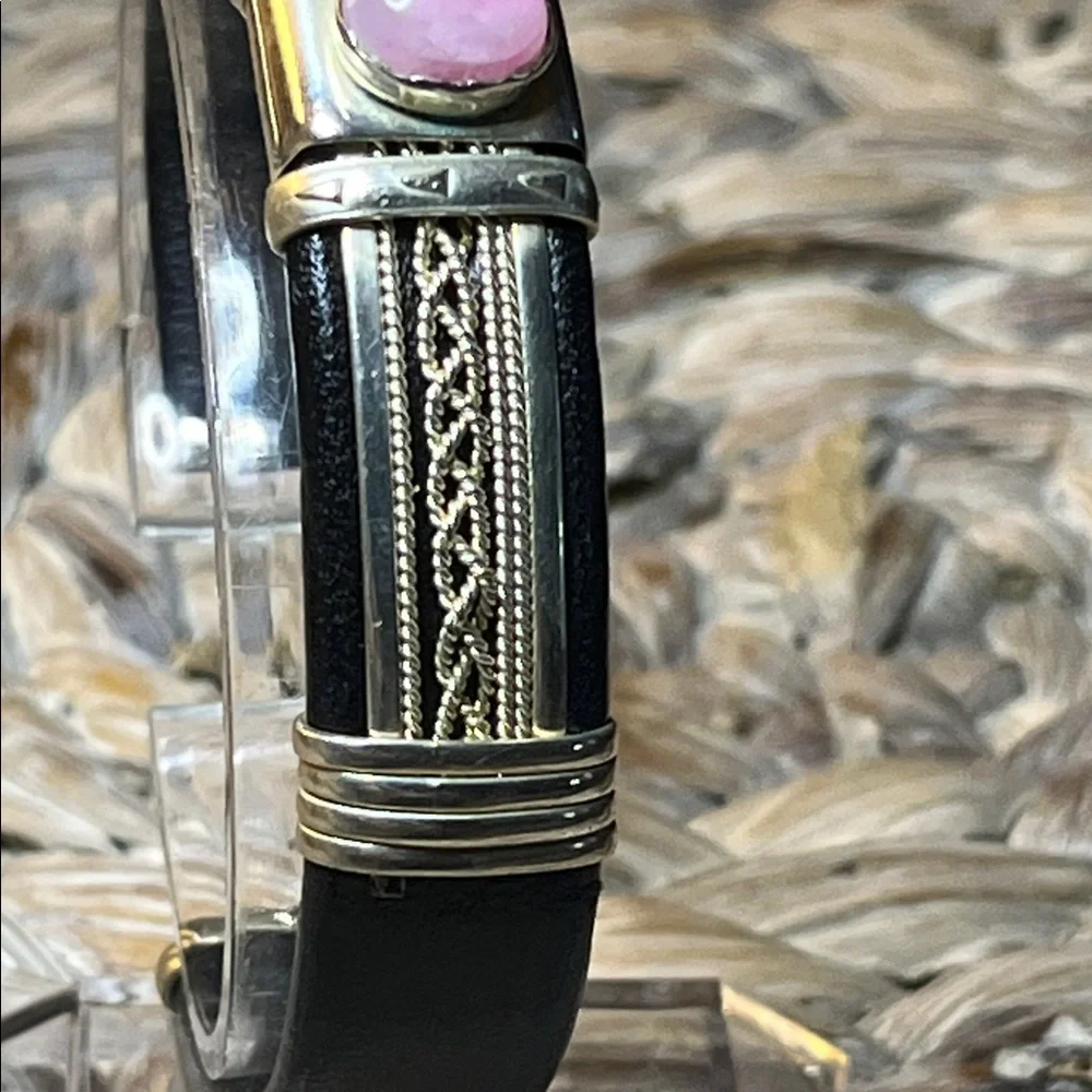 Silver and Black Leather Bracelet with‎ Pink Stone